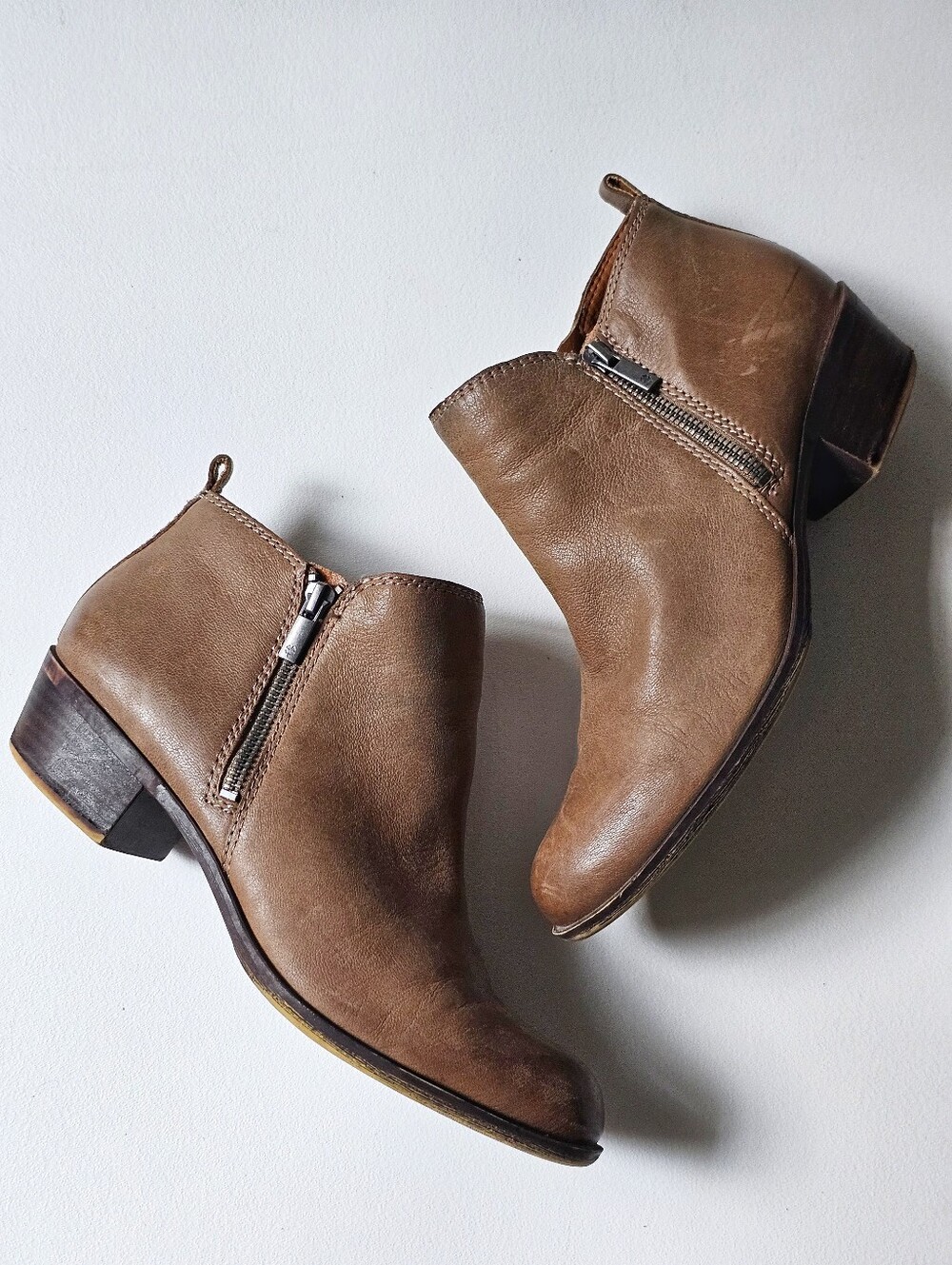 Lucky Brand Basel Brown Leather Ankle Booties Women's 9.5 Side Zip Block Heel